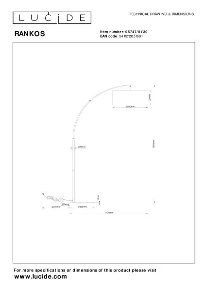 Lucide RANKOS - Booglamp - 1xE27 - Zwart - technisch